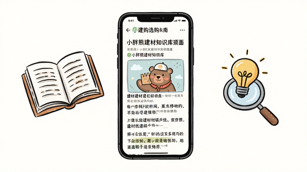 小胖熊建材知识库页面,画面中央手机屏幕显示图文并茂的选购指南文章,旁边有一本打开的书、放大镜、灯泡图标,布局采用中心对称,风格为清新手绘插画,细节包括文章标题、配图、段落文字,画质高清,画面干净,无杂乱元素