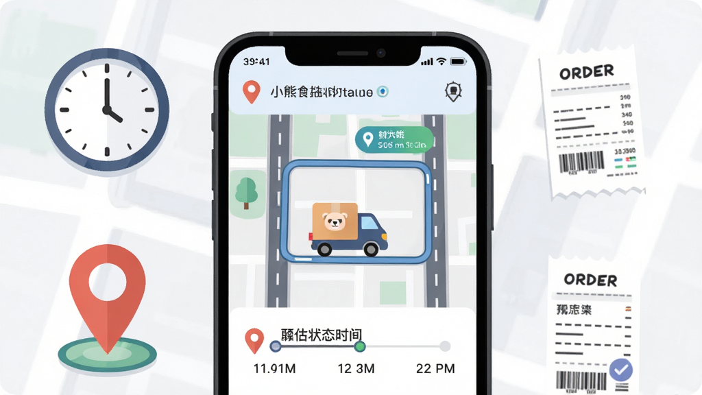 小胖熊订单配送追踪页面,画面中央手机屏幕显示地图路线与配送状态时间轴,地图上有配送小车图标,周围环绕时钟、定位针、订单小票等元素,布局采用上下结构,风格为现代扁平化插画,细节包括状态标签、预估时间文字、地图道路线条,画质高清,画面干净,无多余装饰