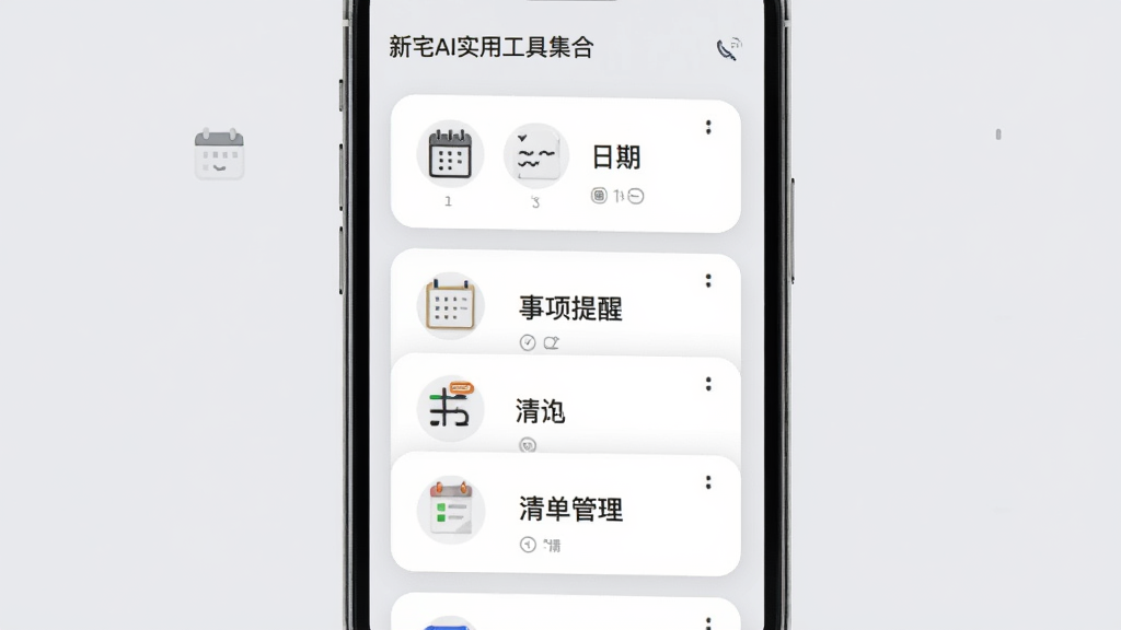 新宅AI实用工具集合界面,手机屏幕展示多种小工具卡片式布局,包括日期查询、事项提醒、清单管理等图标,每个卡片有简洁的图标和名称,背景为浅灰色,卡片为白色圆角矩形,整体风格清爽素雅,高清画质,无多余装饰元素