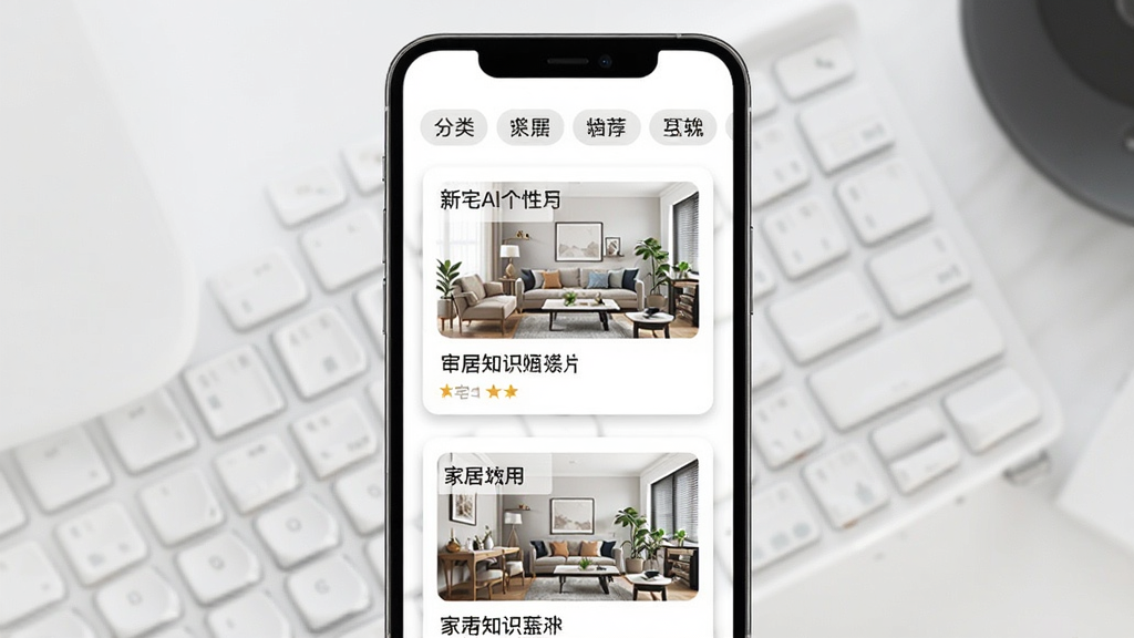 新宅AI个性化推荐页面,手机屏幕展示信息流卡片,每张卡片包含家居知识标题和配图,卡片依次排列,背景为白色,卡片有浅色阴影,顶部有分类标签栏,整体风格简约商务,高清画质,画面干净整洁