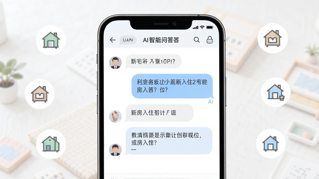 新宅AI智能问答功能界面,手机屏幕展示聊天式问答窗口,用户输入关于新房入住的问题,AI给出条理清晰的回答,界面配色清新淡雅,白色背景搭配浅蓝色气泡,周围有家居小图标点缀,整体风格简洁现代,高清画质,干净无多余元素