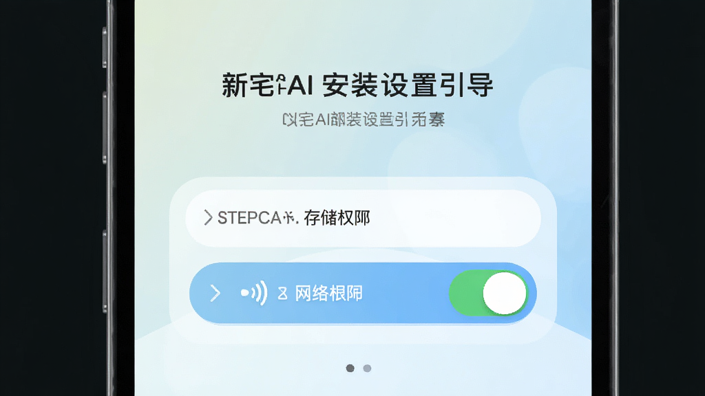 新宅AI安装设置引导页面,手机屏幕展示权限开启引导界面,包含存储权限和网络权限的开关按钮,界面设计简洁明了,有步骤指示标识,背景为浅色渐变,整体风格清新浅色,高清画质,画面干净无杂乱元素