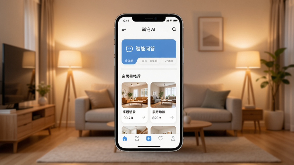 新宅AI应用主界面展示,画面中央是一部智能手机,屏幕上显示新宅AI的首页界面,包含智能问答入口、家居场景推荐卡片和底部导航栏,背景是温馨的现代家居客厅场景,柔和暖色调灯光,简约扁平化UI风格,画面干净整洁,无多余元素,高清画质