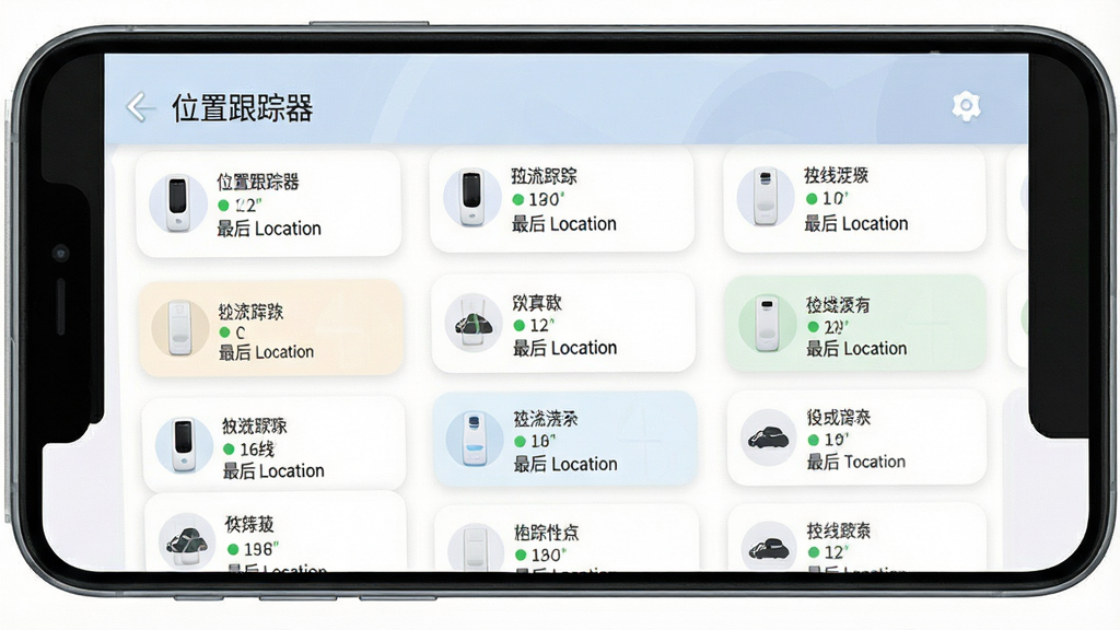 一张展示位置跟踪器多设备管理界面的手机截图,屏幕上列出多个设备卡片,每个卡片显示设备名称、在线状态和最后定位时间,界面顶部有
