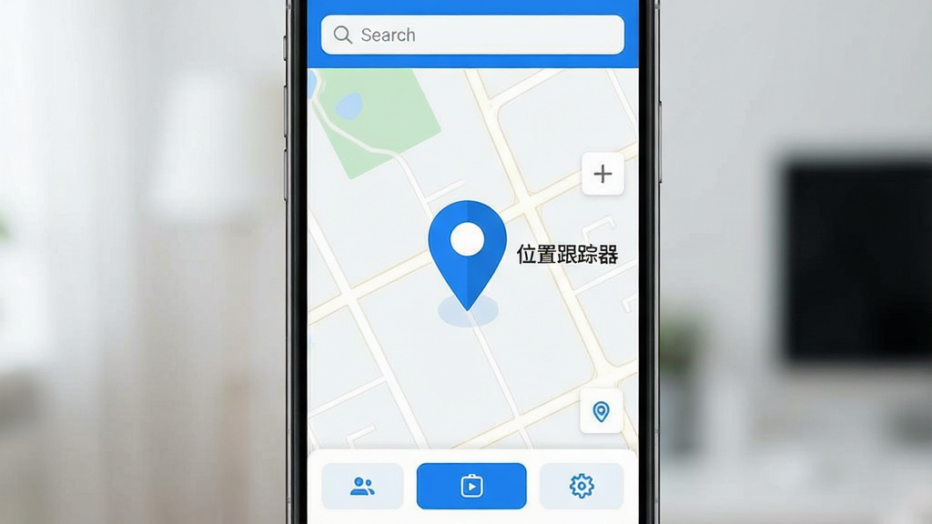 一张展示位置跟踪器软件主界面的手机屏幕截图,画面中央是简洁的定位地图,地图上有一个醒目的蓝色定位标记,标记旁边显示