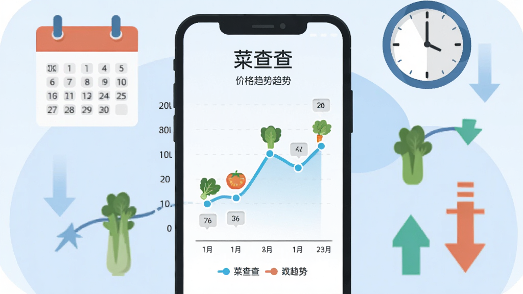 一幅信息图表风格的插画,画面中央是手机屏幕显示“菜查查”价格趋势折线图,折线图上有蔬菜小图标标注,背景为淡蓝色,周围有日历、时钟、上升下降箭头等元素,布局为手机居中、图表环绕,风格为商务简约扁平化,细节包括数据点、坐标轴、图例,画质清晰干净,无多余元素