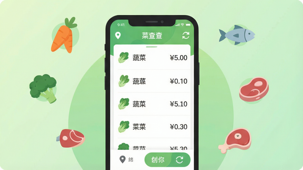 一个扁平化风格的手机应用界面截图插画,画面主体是手机屏幕,屏幕内显示“菜查查”应用中的菜价列表,列表项包含蔬菜名称和价格数字,背景为浅绿色渐变,周围点缀胡萝卜、西兰花、鱼、肉块等小图标,布局为手机居中、元素环绕,风格清新简约,细节有定位图标和刷新按钮,画质干净清晰,无多余元素