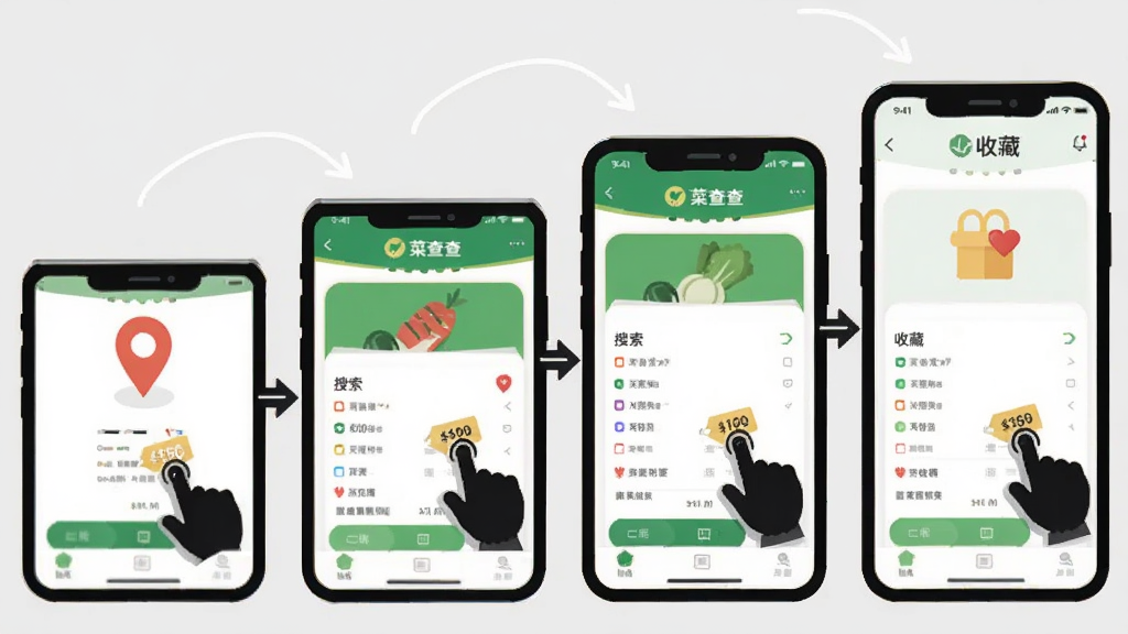 一张手机应用操作流程图插画,画面展示“菜查查”应用的四个操作步骤,分别用手机屏幕表示定位、搜索、对比、收藏,四个手机呈阶梯状排列,背景为浅灰色,风格为极简扁平化,细节包括箭头指示、手指点击图标、价格标签,画质清晰干净,无多余元素