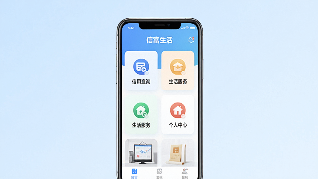 信富生活APP主界面展示,画面中央是一部智能手机,屏幕显示