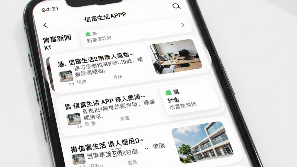 信富生活APP资讯页面,手机屏幕显示新闻列表和推送通知,界面采用卡片式设计,文字清晰可读,背景为白色,整体风格清爽现代,画质高清,干净无多余元素