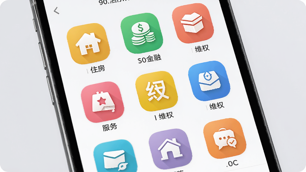 信富生活APP生活服务聚合页面,手机屏幕展示多个服务图标整齐排列,包括住房、金融、维权等类别,背景为柔和的浅灰色,图标色彩鲜明,整体布局清晰,画质精细,干净无多余元素