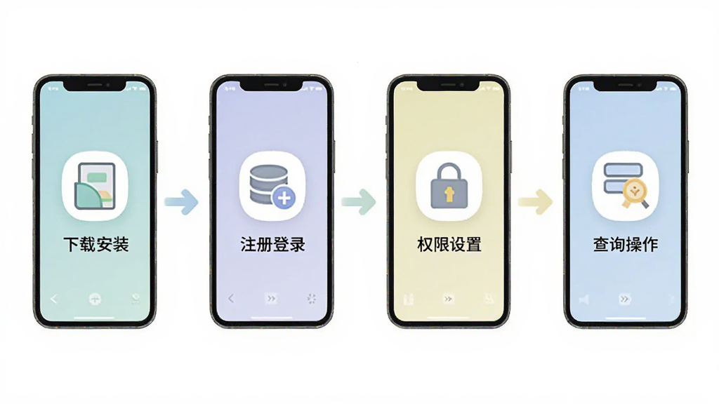 信富生活APP操作流程图,手机屏幕依次展示下载安装、注册登录、权限设置、查询操作四个步骤,采用横向流程图布局,每个步骤配有简洁图标和文字说明,风格扁平化,色彩柔和,画质清晰,干净无多余元素