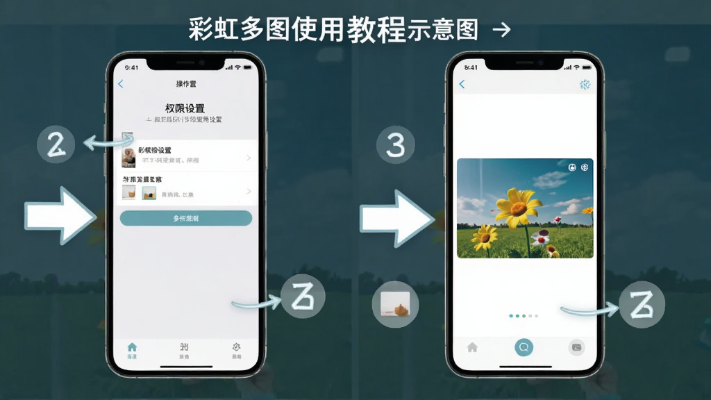 彩虹多图使用教程示意图,手机屏幕展示权限设置界面和图片浏览操作步骤,画面中有清晰的箭头指示和步骤编号,简洁明了的教学风格,高清画质,手机应用操作展示