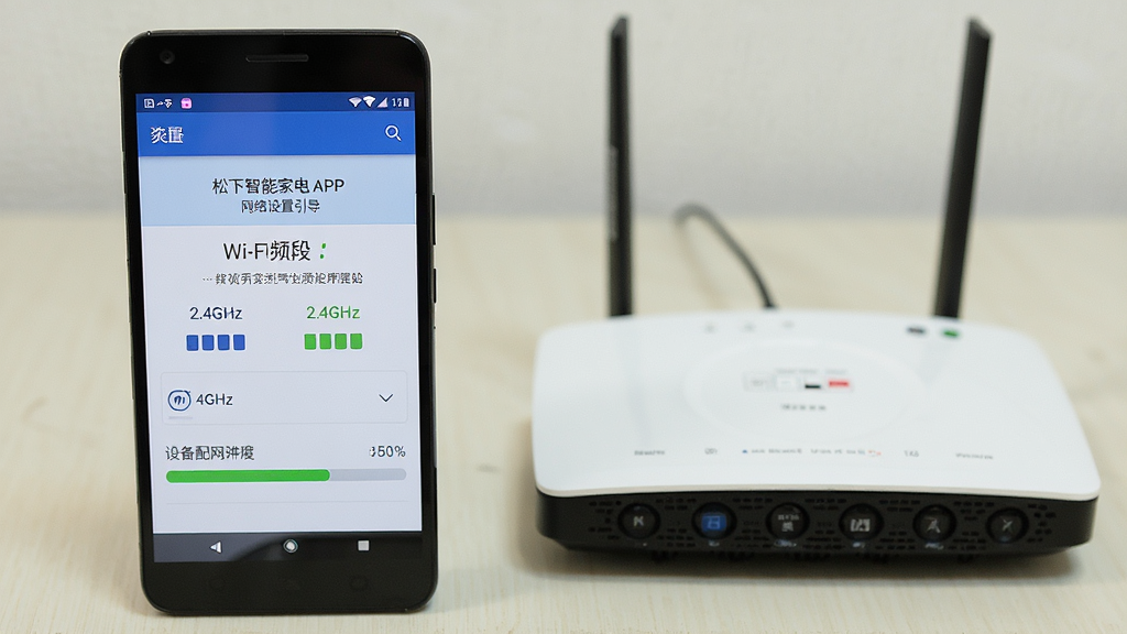 一部安卓手机显示“松下智能家电”APP网络设置引导页面,页面中有Wi-Fi频段选择提示与设备配网进度条,手机旁边放置一个家用路由器,主体为手机与路由器,布局左右呼应,排版清晰,风格实用教程感,细节有2.4GHz标识、信号格、进度百分比,画质高清,干净,无多余元素