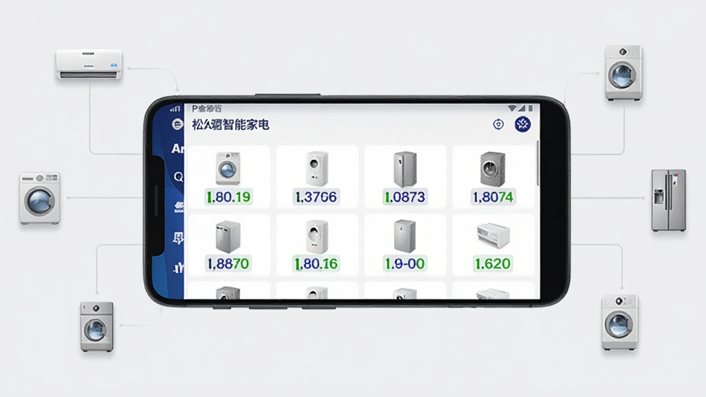 一部安卓手机横屏展示“松下智能家电”APP设备列表页面,页面中整齐排列多台松下家电图标与状态标签,手机悬浮在浅灰色背景中央,周围以细线连接空调、洗衣机、冰箱等设备图标形成网络状布局,风格简洁商务,细节清晰,画质高清,干净,无多余元素