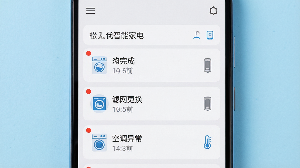 安卓手机屏幕特写显示“松下智能家电”APP消息通知中心,页面中有多条设备提醒卡片,包含洗衣机完成、滤网更换、空调异常等图标,手机置于浅蓝色背景上,主体为屏幕内容,布局居中,排版整齐,风格干净简约,细节有通知红点、时间标签、设备小图标,画质高清,干净,无多余元素
