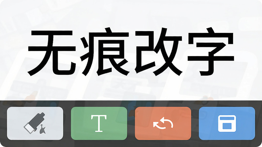 无痕改字软件操作界面截图,展示底部工具栏的擦除、文字、撤销、保存等按钮图标,界面布局简洁,配色清爽,画面中有“无痕改字”文字标识,风格扁平化,画质清晰干净