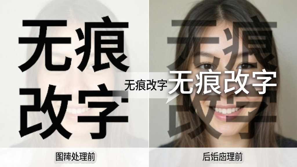 一张图片处理前后的对比示意图,左侧为带有文字的图片,右侧为经过无痕改字软件处理后文字消失且背景自然的图片,画面中标注“无痕改字”文字,风格写实,画质清晰,布局左右对比,干净简洁