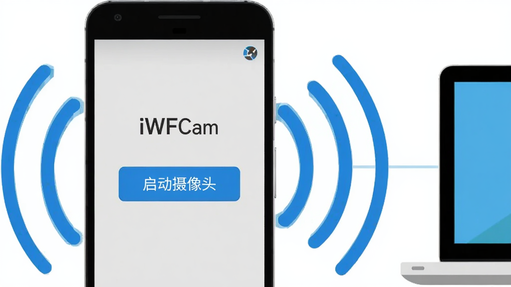 一部安卓手机屏幕特写,屏幕中央显示着iWFCam应用的启动界面,有一个醒目的“启动摄像头”按钮,背景是简洁的浅灰色,手机周围环绕着象征无线信号的蓝色波纹线条,线条向画面右侧延伸连接到一台笔记本电脑的屏幕上,风格为扁平化科技插画,画质高清,画面干净,无多余元素,屏幕上带有“iWFCam”字样。