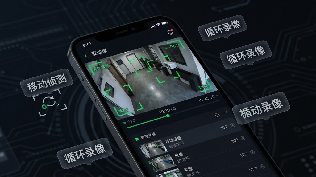 一个充满科技感的安防监控界面概念图,画面中心是一个手机屏幕,屏幕中显示着带有绿色方框标记的移动侦测画面,画面下方是时间轴和录像文件列表,屏幕周围漂浮着“移动侦测”、“循环录像”等半透明文字标签,风格为深色科技风UI设计图,画质超清,画面干净整洁,无杂乱元素。