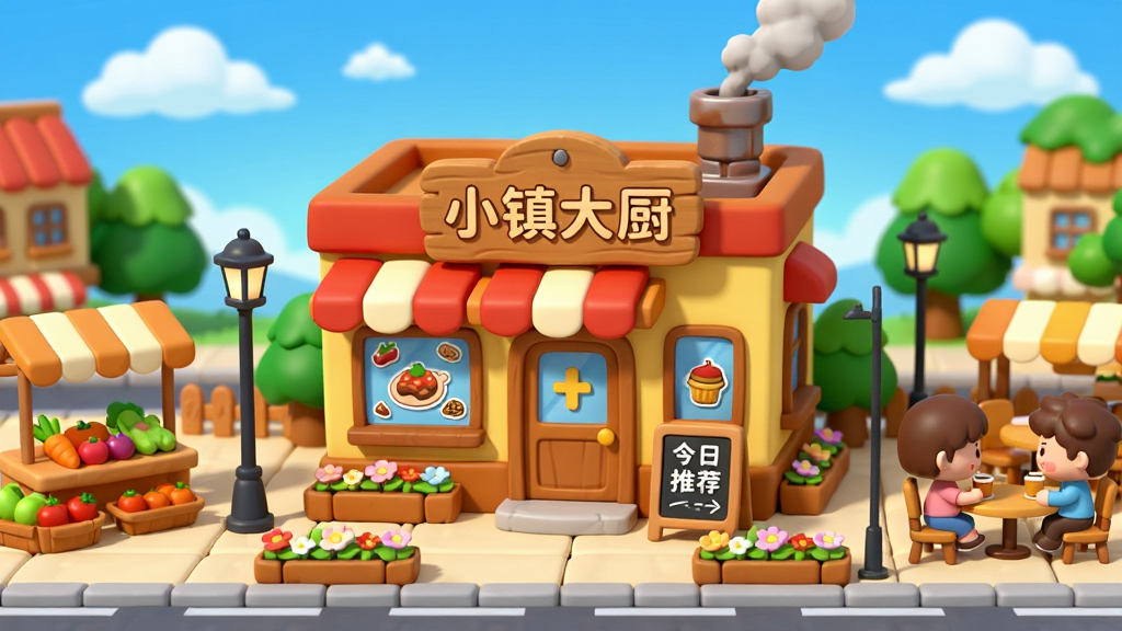 一幅明亮温馨的卡通风格游戏场景全景图,画面中央是一家装修精致的“小镇大厨”餐厅,餐厅外观采用暖黄色调,屋顶有红色遮阳篷,门口挂着“小镇大厨”木制招牌。餐厅周围环绕着小镇街道、花坛和路灯,远处有蓝天白云和绿树。画面布局采用三分法,主体餐厅位于视觉中心,左侧是食材摊位,右侧是顾客用餐区。整体风格为Q版卡通休闲风,细节包括窗户上的美食贴纸、门前小黑板写着今日推荐、烟囱冒着炊烟。画质高清,色彩饱满,干净无多余元素,画面中文字“小镇大厨”清晰可见。