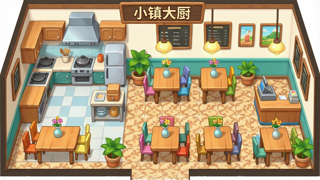 一张“小镇大厨”游戏内餐厅装修界面的示意图,画面展示了一个宽敞的餐厅内部,布局上左侧是开放式厨房,中间是用餐区,右侧是收银台。餐厅内摆放着木质桌椅、盆栽绿植、吊灯和墙面挂画。排版采用俯视视角,清晰展示各个功能区域。风格为清新明亮的卡通风格,细节包括不同颜色的餐椅、桌上的花瓶、地板的花纹和墙上的菜单板。画质高清,画面干净,无多余元素,画面中文字“小镇大厨”出现在菜单板上方。