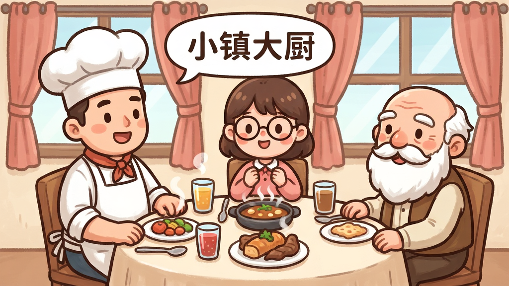一张“小镇大厨”游戏角色互动场景图,画面主体是三位卡通角色围坐在餐厅餐桌旁,分别是穿着围裙的厨师、戴眼镜的年轻女顾客和一位白胡子老爷爷。布局上,角色呈三角形分布,桌上摆着热气腾腾的菜肴和饮料。排版突出人物表情和对话气泡。风格为温馨治愈的卡通手绘风,细节包括角色生动的表情、桌上的餐具、背景中的窗户和窗帘。画质高清,色彩柔和,干净无多余元素,画面中文字“小镇大厨”出现在对话气泡中。