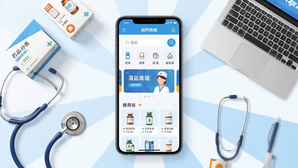 润药商城APP主界面展示,画面中央是一部智能手机,屏幕上显示润药商城应用首页,包含药品分类导航栏、搜索框、轮播广告位和推荐药品列表,手机周围散落着药盒、听诊器、笔记本电脑等医药办公元素,整体布局采用中心放射式构图,风格为现代扁平化科技风,色调以白色和医疗蓝为主,细节上药品图标清晰、按钮圆润、界面干净整洁,画质高清,无多余杂乱元素。