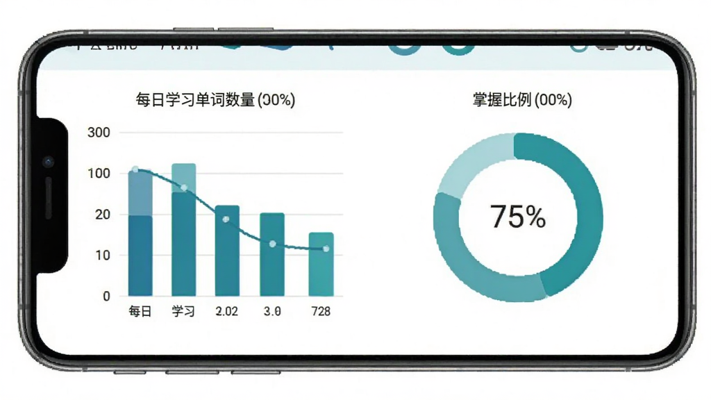 医学英语背单词学习数据统计页面,手机屏幕显示学习进度图表,包括柱状图和环形图,展示每日学习单词数量和掌握比例,界面配色为蓝绿色调,风格简洁现代,背景干净,画质清晰,无多余元素