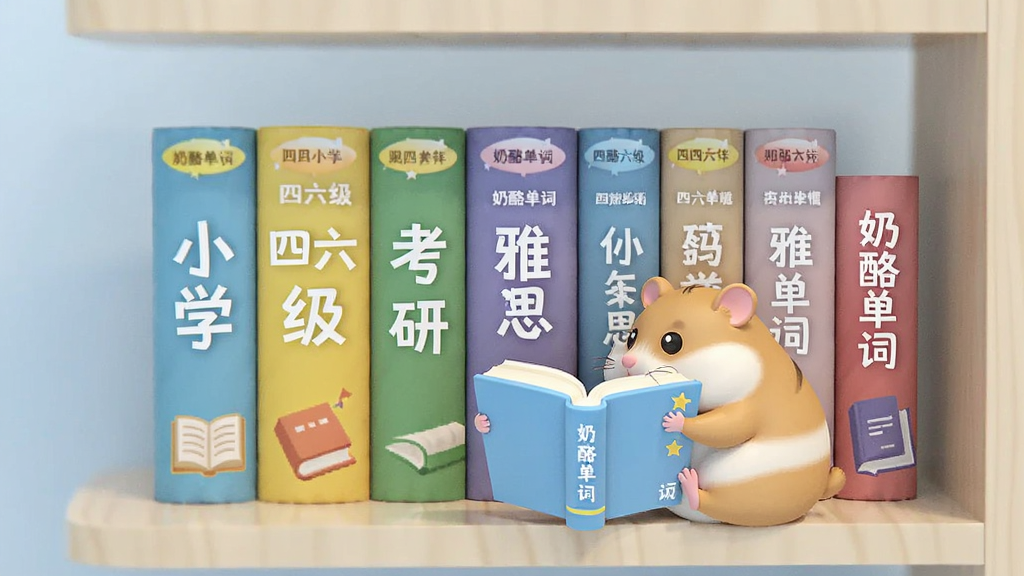 画面展示一个虚拟书架,书架上排列着多本不同颜色的单词书,书脊上分别写着“小学”“四六级”“考研”“雅思”等字样,书架前有一只卡通仓鼠正在翻书,背景为柔和的浅蓝色,风格简洁现代,画质清晰,图片中包含“奶酪单词”文字