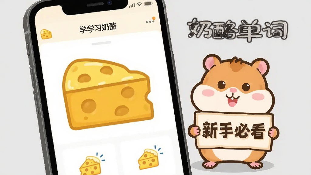 一部智能手机屏幕上显示奶酪单词的学习界面,旁边有一只卡通仓鼠举着“新手必看”的牌子,背景为浅灰色,风格简洁明快,画质清晰,图片中带有“奶酪单词”文字