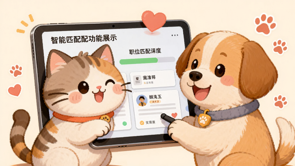 宠才宝智能匹配功能展示,画面中央为一只卡通风格的猫咪和狗狗共同操作平板电脑,屏幕上显示职位匹配度进度条和简历卡片,布局左右对称,风格为温暖治愈系插画风,细节包含爱心和爪印元素,画质高清,干净明亮,无多余元素