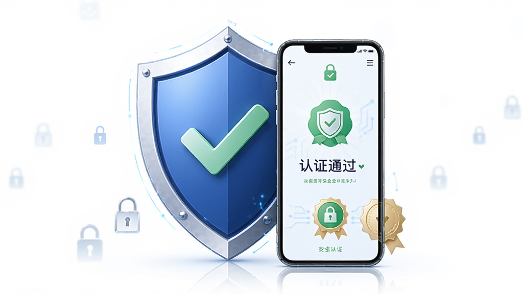 宠才宝安全认证展示,主体为盾牌与手机组合,盾牌上显示对勾图标,手机屏幕显示认证通过界面,布局为居中构图,风格为科技安全风,细节包含锁形图标和认证徽章,画质高清,干净简洁,无多余元素