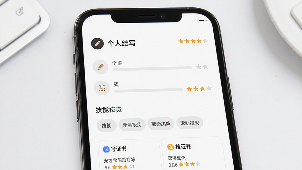 宠才宝简历优化界面,主体为手机屏幕展示简历编辑页面,布局为上下结构,上方为个人信息填写区,下方为技能标签与证书展示区,风格为简约商务风,细节包含铅笔图标和星级评价,画质高清,干净整洁,无多余元素