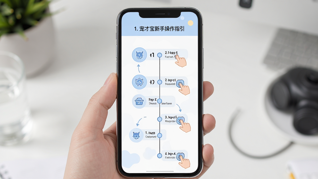宠才宝新手操作指引,主体为手机屏幕展示操作步骤流程图,布局为纵向时间轴排列,风格为清新简约风,细节包含手指点击图标和步骤序号,画质高清,干净整洁,无多余元素