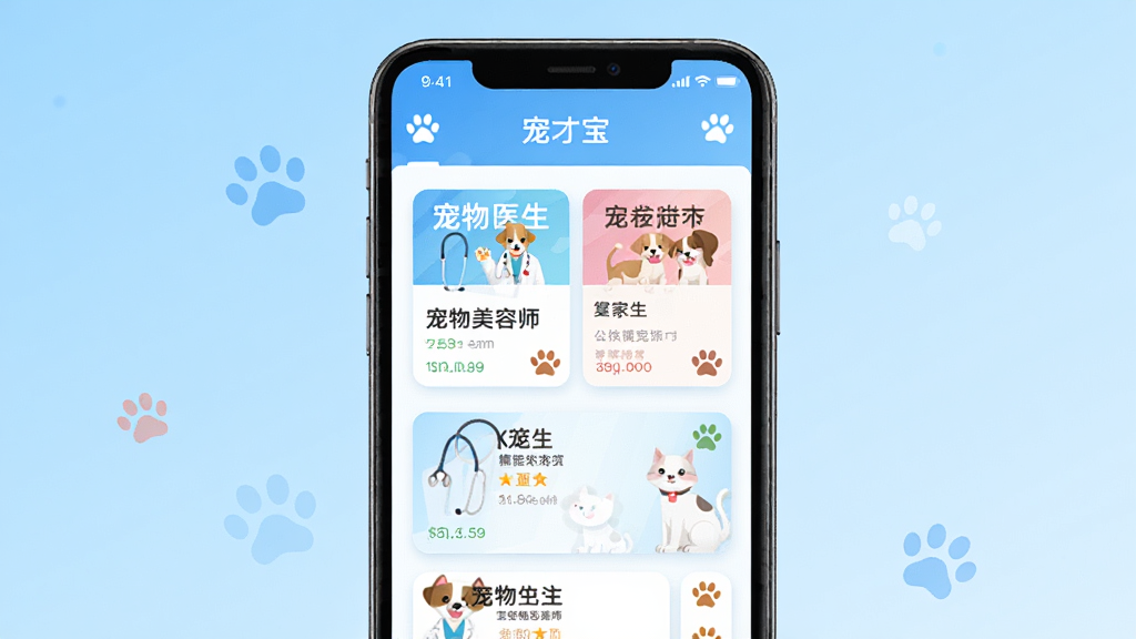宠才宝APP界面展示,主体为一部智能手机,屏幕上显示宠物行业招聘信息列表,包含宠物医生、宠物美容师等职位卡片,布局为居中构图,背景为清新浅蓝色渐变,风格为现代扁平化科技风,细节包含可爱的猫狗爪印图标点缀,画质高清,干净整洁,无多余元素