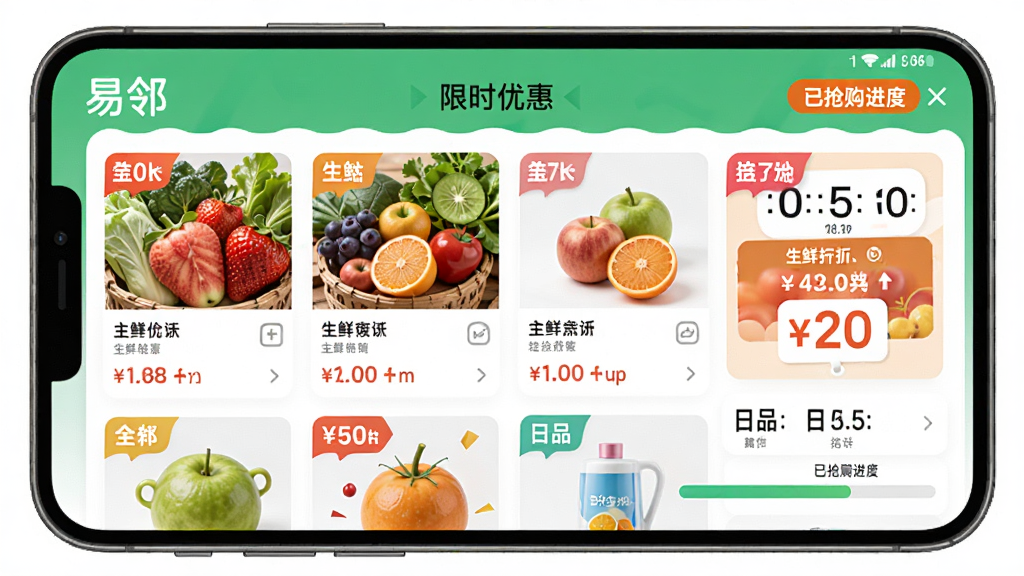 ��������Ϊ�����ڡ�APP����ʱ�Ż�ҳ�棬��Ļ��չʾ����ˮ��������Ʒ�ۿ۱�ǩ������Ϊ������Ʒ���У��Ű�۸���Ŀ��������������ϸ�����е���ʱ�������������������ʸ��壬�ɾ��޶���Ԫ�ء�