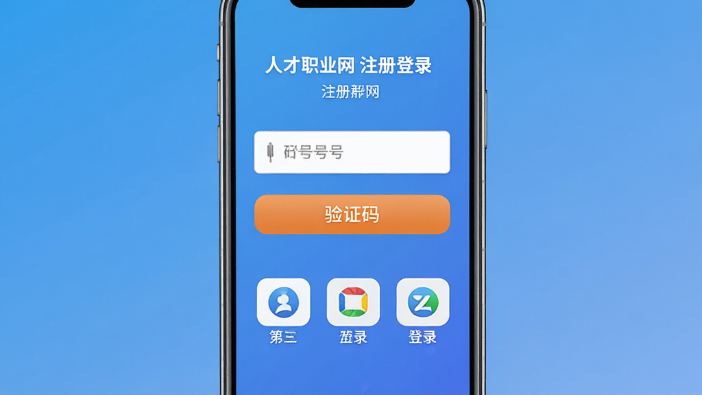 人才职业网注册登录界面,画面展示手机屏幕内有手机号输入框、验证码按钮和第三方登录图标,背景为简洁的蓝色渐变,布局居中,风格现代简约,细节清晰,画质高清,干净无多余元素,图片中标注“人才职业网 注册登录”