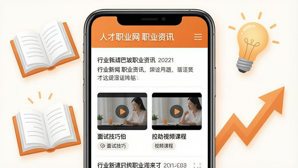人才职业网职业资讯页面,画面展示手机屏幕内有文章列表和视频课程卡片,包含行业新闻、面试技巧等标题,周围环绕着书本、灯泡、成长箭头等元素,布局清晰,风格清新淡雅,配色以橙色和白色为主,细节精致,画质高清,干净无多余元素,图片中标注“人才职业网 职业资讯”