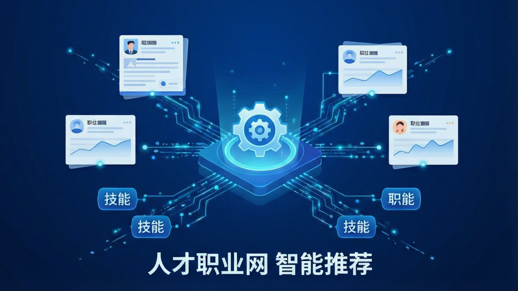 人才职业网智能推荐功能展示,画面以科技蓝为主色调,中央是一个发光的推荐引擎图标,周围连接着简历、职位卡片、技能标签等元素,形成数据流动的视觉效果,布局采用发散式结构,风格现代科技感,细节清晰锐利,画质高清,干净无多余元素,图片中标注“人才职业网 智能推荐”