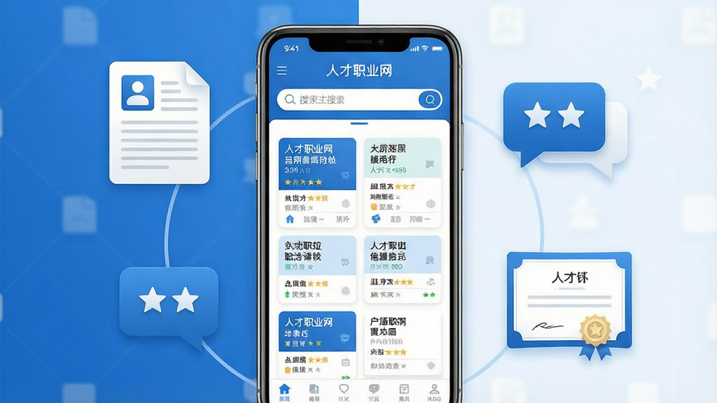 人才职业网手机应用主界面展示,画面中央是一部现代智能手机,屏幕显示人才职业网APP的职位列表页面,包含搜索框和各类岗位卡片,手机周围环绕着简历图标、对话气泡和职业证书元素,布局简洁清晰,整体采用蓝色与白色商务配色风格,细节精致,画质高清,干净无多余元素,图片中文字标注“人才职业网”