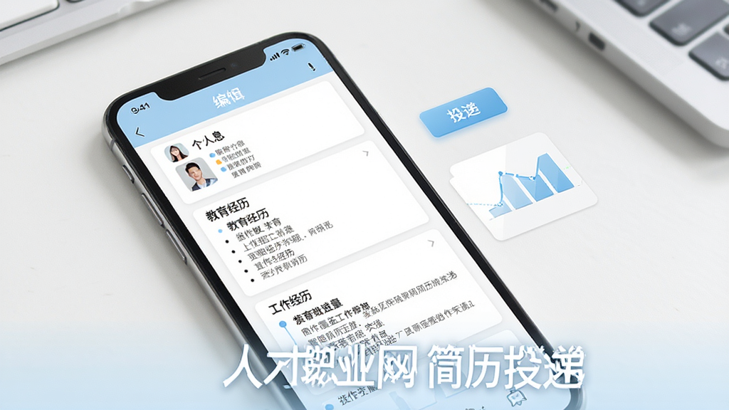 人才职业网简历管理界面,画面展示一部手机屏幕内呈现简历编辑页面,有个人信息、教育经历、工作经历等模块,旁边有投递按钮和进度追踪图标,布局整齐,风格简约商务,配色以白色和浅蓝色为主,细节精致,画质高清,干净无多余元素,图片中标注“人才职业网 简历投递”