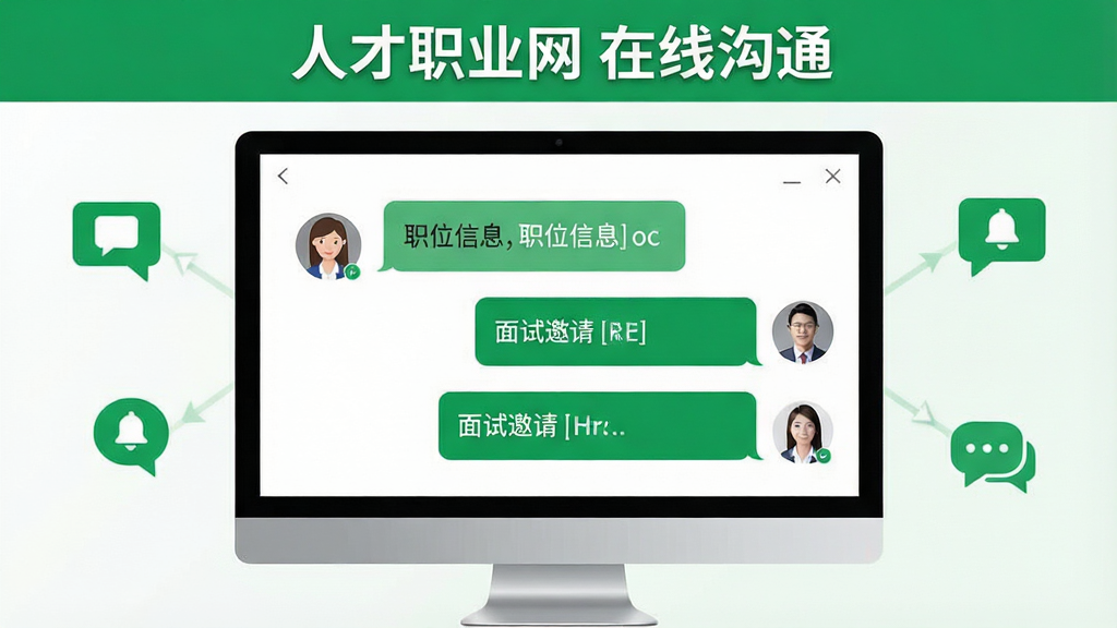 人才职业网在线沟通功能展示,画面中央是聊天对话框界面,左侧显示求职者头像,右侧显示企业HR头像,对话气泡中包含职位信息和面试邀请,背景有消息通知图标,布局对称,风格简洁明快,配色以绿色和白色为主,细节清晰,画质高清,干净无多余元素,图片中标注“人才职业网 在线沟通”