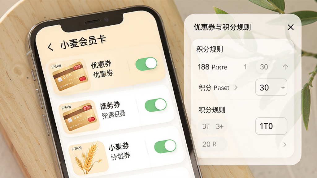 一张展示“小麦会员卡”优惠券与积分设置界面的图片,主体为手机屏幕,布局包含优惠券列表和积分规则面板,排版清晰,风格柔和圆角设计,细节包括开关按钮和数值输入框,画质高清,画面干净,无多余元素