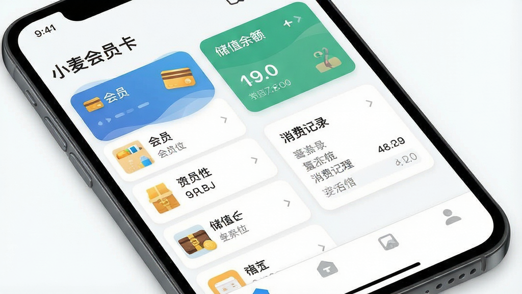 一张展示手机屏幕中会员卡管理界面的图片,画面主体是一部智能手机,屏幕显示“小麦会员卡”应用首页,布局包含会员列表、储值余额、消费记录等模块,排版简洁清晰,风格为现代扁平化设计,细节包括图标、数据卡片和底部导航栏,画质高清,画面干净,无多余元素