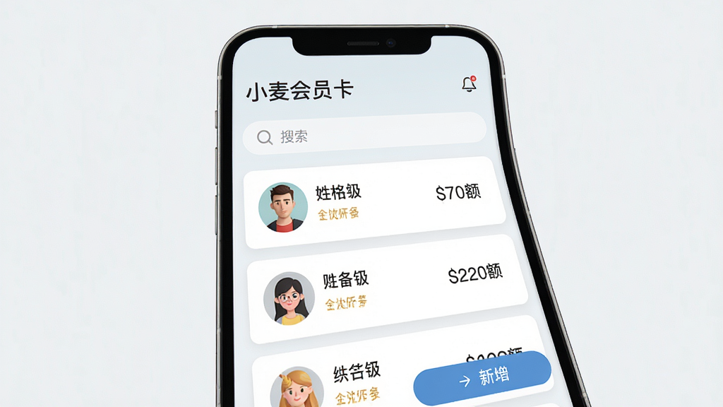 一张展示“小麦会员卡”会员信息管理界面的图片,主体为手机屏幕,布局为卡片式列表,每个卡片显示会员头像、姓名、等级和余额,排版整齐,风格清新简约,细节包括搜索栏和新增按钮,画质高清,画面干净,无多余元素