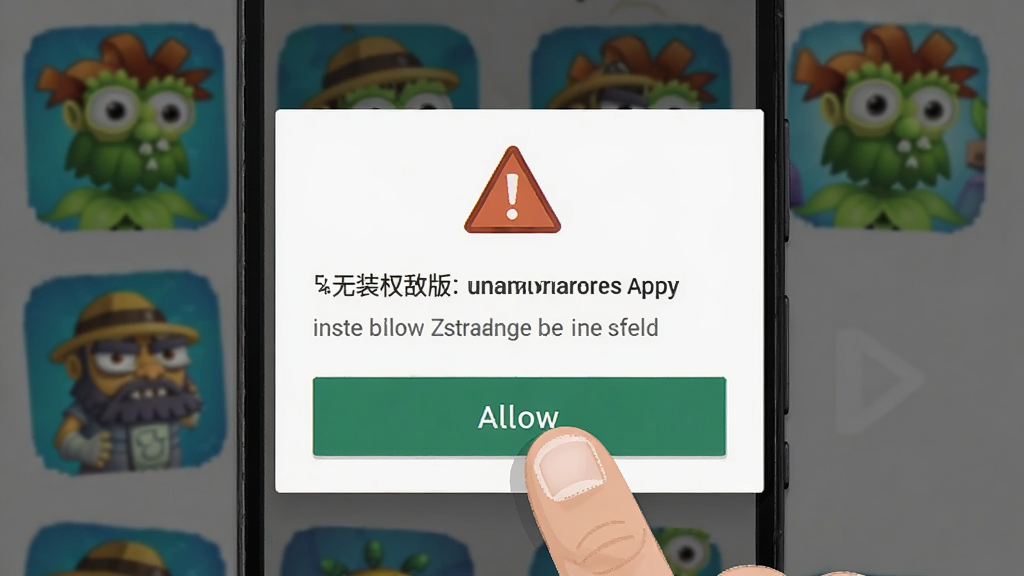植物大战僵尸融合版(无敌版)的安装权限设置界面,主体为安卓手机屏幕显示未知来源应用安装提示,布局为弹窗居中,排版上方有警告图标下方有允许按钮,风格为扁平化系统UI,细节包括手指点击允许按钮、背景有游戏图标、文字清晰可辨,画质高清干净,无多余元素