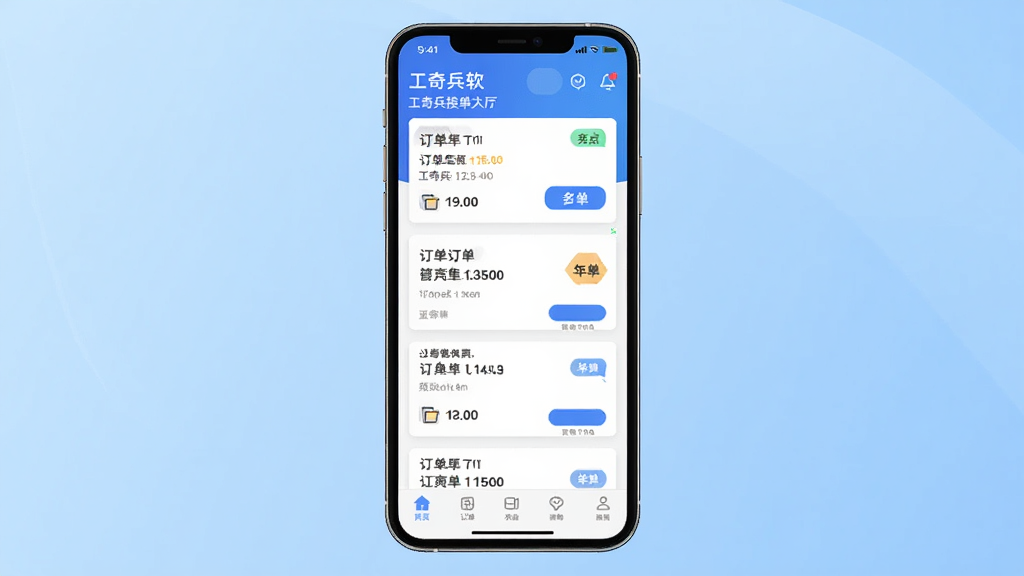 工奇兵软件主界面预览图,画面中央展示一部智能手机,屏幕上显示工奇兵接单大厅列表,包含订单卡片、距离标签和抢单按钮,背景为浅蓝色渐变,布局简洁清晰,风格为扁平化科技感,细节包含顶部状态栏、底部导航栏图标,画质高清干净无多余元素