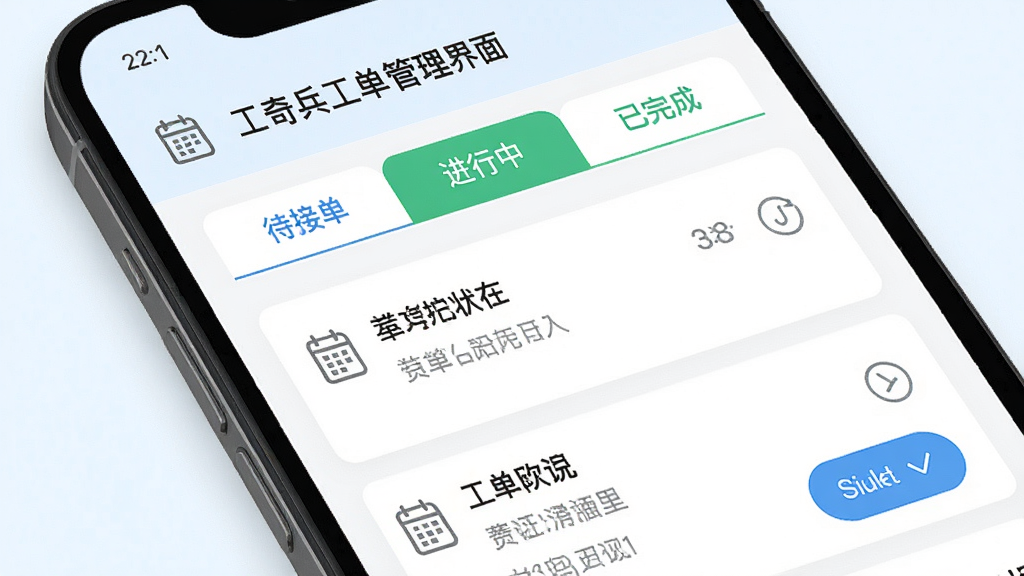 工奇兵工单管理界面预览图,画面展示手机屏幕中工单列表按状态分类,包含待接单、进行中、已完成标签页,背景为白色与淡蓝色搭配,布局为上下结构,风格为清爽商务风,细节包含日历图标和筛选按钮,画质高清干净无多余元素