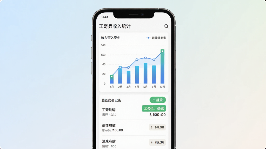 工奇兵收入统计页面预览图,画面以手机屏幕为中心,屏幕内显示柱状图和折线图展示收入变化,下方列出最近交易记录,背景为浅色渐变,布局清晰有序,风格为数据可视化设计,细节包含提现按钮和金额数字,画质干净无多余元素